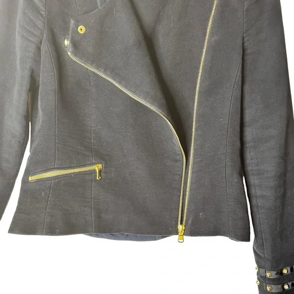 Zara Velvet Like Moto Bomber Collarless Jacket w/ Gold Zipper & Stud Detail sz M - Picture 8 of 16
